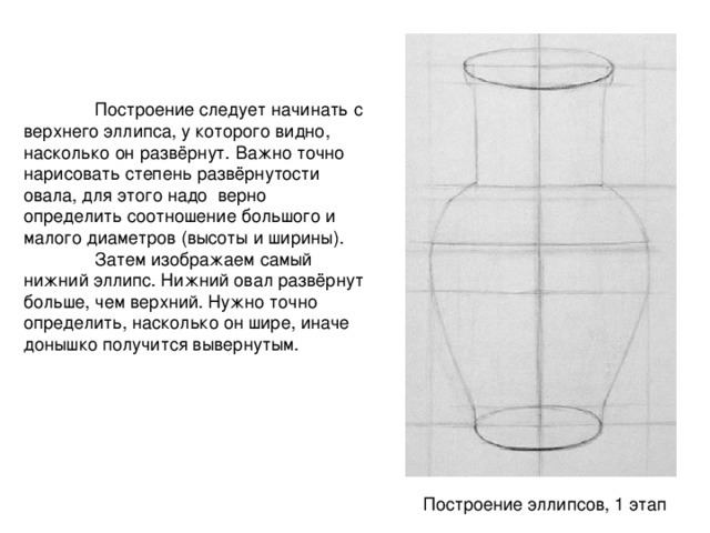  Построение следует начинать с верхнего эллипса, у которого видно, насколько он развёрнут. Важно точно нарисовать степень развёрнутости овала, для этого надо  верно определить соотношение большого и малого диаметров (высоты и ширины).  Затем изображаем самый нижний эллипс. Нижний овал развёрнут больше, чем верхний. Нужно точно определить, насколько он шире, иначе донышко получится вывернутым. Построение эллипсов, 1 этап 