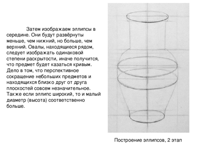 Затем изображаем эллипсы в середине. Они будут развёрнуты меньше, чем нижний, но больше, чем верхний. Овалы, находящиеся рядом, следует изображать одинаковой степени раскрытости, иначе получится, что предмет будет казаться кривым. Дело в том, что перспективное сокращение небольших предметов и находящихся близко друг от друга плоскостей совсем незначительное. Также если эллипс широкий, то и малый диаметр (высота) соответственно больше. Построение эллипсов, 2 этап 