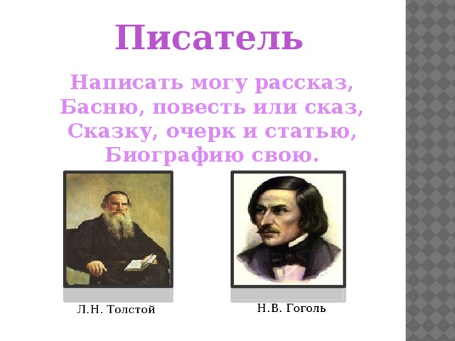 Писатель Написать могу рассказ, Басню, повесть или сказ, Сказку, очерк и статью, Биографию свою. Н.В. Гоголь Л.Н. Толстой 