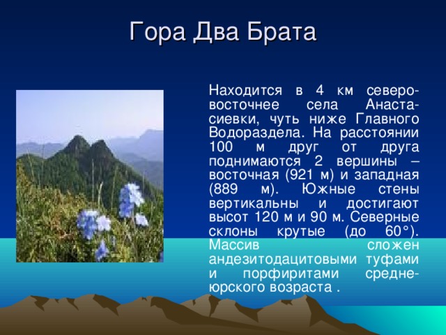 Гора Два Брата   Находится в 4 км северо-восточнее села Анаста-сиевки, чуть ниже Главного Водораздела. На расстоянии 100 м друг от друга поднимаются 2 вершины – восточная (921 м) и западная (889 м). Южные стены вертикальны и достигают высот 120 м и 90 м. Северные склоны крутые (до 60°). Массив сложен андезитодацитовыми туфами и порфиритами средне-юрского возраста . 