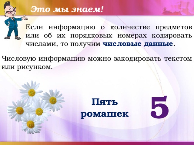 Это мы знаем! Если информацию о количестве предметов или об их порядковых номерах кодировать числами, то получим числовые данные . Числовую информацию можно закодировать текстом или рисунком. 5 Пять ромашек 