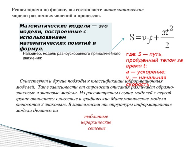 Решая задачи по физике, вы составляете математические   модели различных явлений и процессов.        Математические модели — это модели, построенные с использованием математических понятий и формул. где: S — путь, пройденный телом за время t ;  a — ускорение ;  v 0 — начальная скорость ; Например, модель равноускоренного прямолинейного движения:  Существуют и другие подходы к классификации информационных моделей. Так в зависимости от строгости описания различают образно-знаковые и знаковые модели. Из рассмотренных выше моделей к первой группе относятся словесные и графические.Математические модели относятся к знаковым. В зависимости от структуры информационные модели делятся на табличные иерархические сетевые 