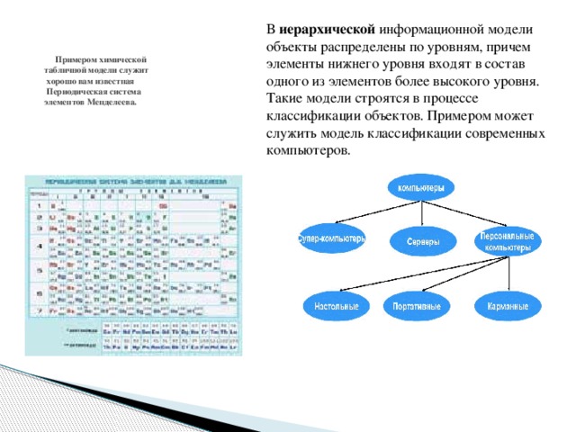 В иерархической информационной модели объекты распределены по уровням, причем элементы нижнего уровня входят в состав одного из элементов более высокого уровня. Такие модели строятся в процессе классификации объектов. Примером может служить модель классификации современных компьютеров.  Примером химической  табличной модели служит  хорошо вам известная  Периодическая система  элементов Менделеева.   