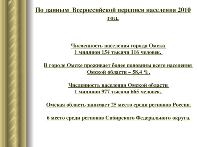 По данным Всероссийской переписи населения 2010 год.   Численность населения города Омска 1 миллион 154 тысячи 116 человек.  В городе Омске проживает более половины всего населения Омской области – 58,4 %.  Численность населения Омской области 1 миллион 977 тысячи 665 человек.   Омская область занимает 25 место среди регионов России.  6 место среди регионов Сибирского Федерального округа.   