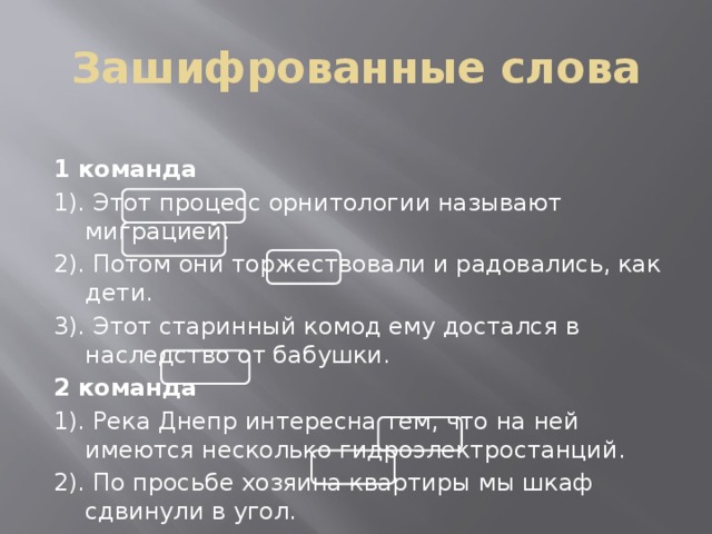 Зашифрованные слова 1 команда 1). Этот процесс орнитологии называют миграцией. 2). Потом они торжествовали и радовались, как дети. 3). Этот старинный комод ему достался в наследство от бабушки. 2 команда 1). Река Днепр интересна тем, что на ней имеются несколько гидроэлектростанций. 2). По просьбе хозяина квартиры мы шкаф сдвинули в угол. 3). Несмотря на это, его каска не раз падала с головы. Увидев в своей комнате новый шкаф Лешка очень обрадовался.  Ответ. Флешка (шка ф Лешка ) Такой исход исключает поражение нашей команды.  Ответ. Диск (исхо д иск лючает)  