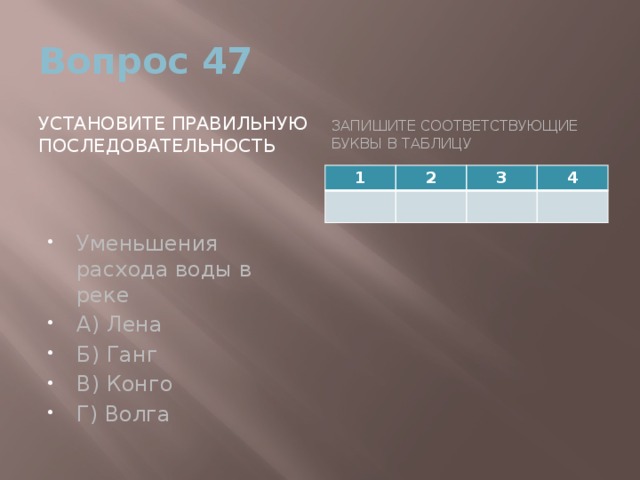 Вопрос 47 Установите правильную последовательность Запишите соответствующие буквы в таблицу Уменьшения расхода воды в реке А) Лена Б) Ганг В) Конго Г) Волга 1 2 3 4 