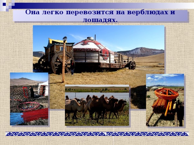 Она легко перевозится на верблюдах и лошадях. 
