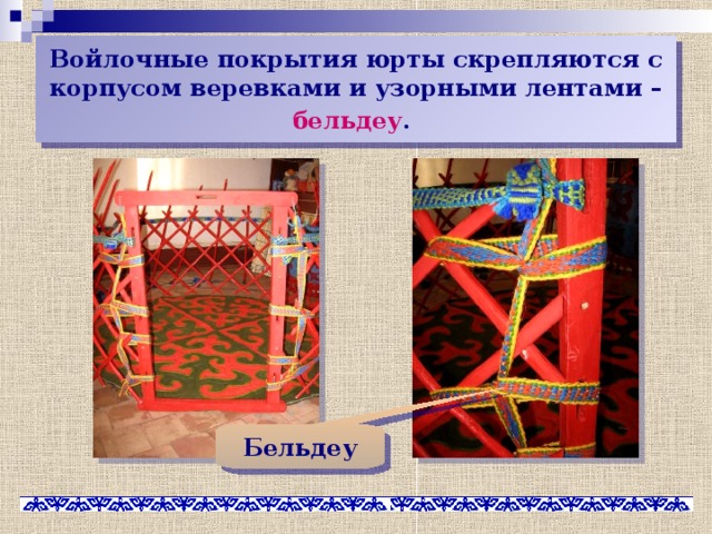 Войлочные покрытия юрты скрепляются с корпусом веревками и узорными лентами – бельдеу .  Бельдеу 