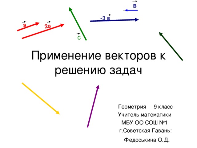 в а 2а -3 в с Применение векторов к решению задач Геометрия 9 класс Учитель математики МБУ ОО СОШ №1 г.Советская Гавань:  Федоськина О.Д . 