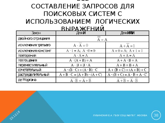 23.12.16 B 12  СОСТАВЛЕНИЕ ЗАПРОСОВ ДЛЯ ПОИСКОВЫХ СИСТЕМ С ИСПОЛЬЗОВАНИЕМ ЛОГИЧЕСКИХ ВЫРАЖЕНИЙ    ЛУБИНСКАЯ Е.А. ГБОУ СОШ №978 Г. МОСКВА 