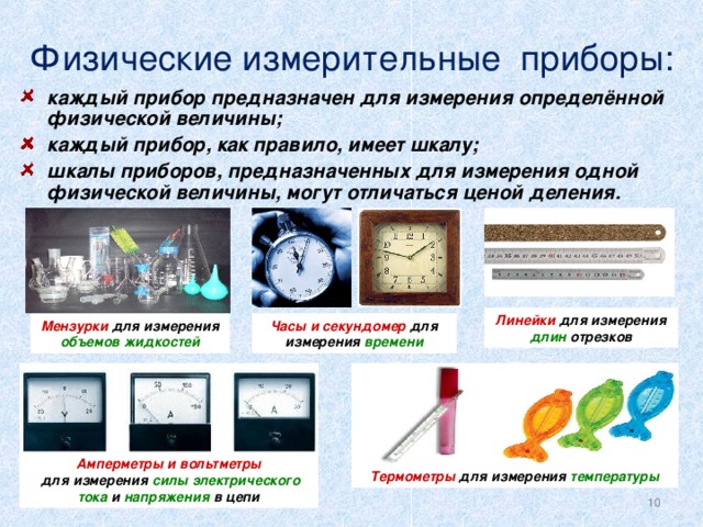 Физические измерительные приборы: каждый прибор предназначен для измерения определённой физической величины; каждый прибор, как правило, имеет шкалу; шкалы приборов, предназначенных для измерения одной физической величины, могут отличаться ценой деления.  Линейки для измерения длин отрезков Мензурки для измерения объемов жидкостей Часы и секундомер для измерения времени Амперметры и вольтметры  для измерения силы  электрического  тока и напряжения в цепи Термометры для измерения температуры  