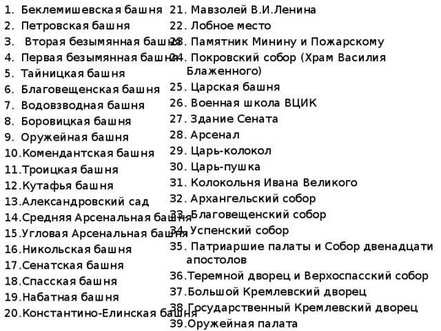 Беклемишевская башня Петровская башня  Вторая безымянная башня Первая безымянная башня Тайницкая башня Благовещенская башня Водовзводная башня Боровицкая башня Оружейная башня Комендантская башня Троицкая башня Кутафья башня Александровский сад Средняя Арсенальная башня Угловая Арсенальная башня Никольская башня Сенатская башня Спасская башня Набатная башня Константино-Елинская башня 21. Мавзолей В.И.Ленина 22. Лобное место 23. Памятник Минину и Пожарскому 24. Покровский собор (Храм Василия Блаженного) 25. Царская башня 26. Военная школа ВЦИК 27. Здание Сената 28. Арсенал 29. Царь-колокол 30. Царь-пушка 31. Колокольня Ивана Великого 32. Архангельский собор 33. Благовещенский собор 34. Успенский собор 35. Патриаршие палаты и Собор двенадцати апостолов Теремной дворец и Верхоспасский собор Большой Кремлевский дворец Государственный Кремлевский дворец Оружейная палата Потешный дворец 