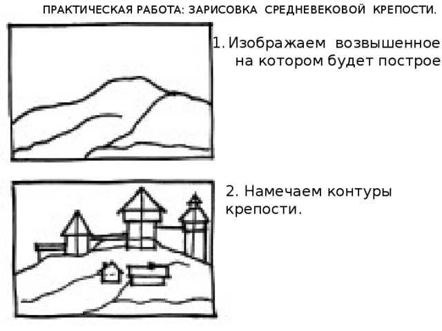 ПРАКТИЧЕСКАЯ РАБОТА: ЗАРИСОВКА СРЕДНЕВЕКОВОЙ КРЕПОСТИ. Изображаем возвышенное место,  на котором будет построен город. 2. Намечаем контуры крепости. 