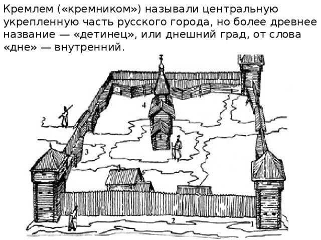 Кремлем («кремником») называли центральную укрепленную часть русского города, но более древнее название — «детинец», или днешний град, от слова «дне» — внутренний. 