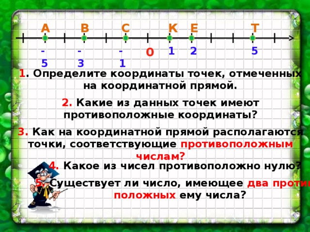 Т Е С К В А -3 -5 -1 2 5 1 0 1 . Определите координаты точек, отмеченных на координатной прямой. 2. Какие из данных точек имеют противоположные координаты? 3. Как на координатной прямой располагаются точки, соответствующие противоположным числам? 4.  Какое из чисел противоположно нулю? 5. Существует ли число, имеющее  два противо- положных  ему числа? 