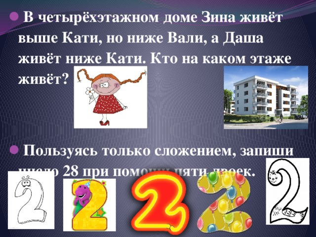 В четырёхэтажном доме Зина живёт выше Кати, но ниже Вали, а Даша живёт ниже Кати. Кто на каком этаже живёт?   Пользуясь только сложением, запиши число 28 при помощи пяти двоек. 