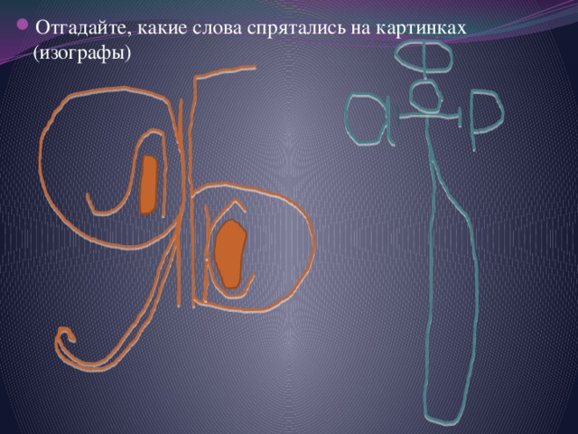 Отгадайте, какие слова спрятались на картинках (изографы) 