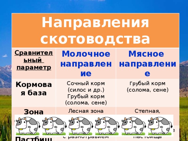 Направления скотоводства Сравнительный параметр Молочное Кормовая база направление Мясное Зона обитания Сочный корм (силос и др.) направление Грубый корм (солома, сене) Гру бый корм (солома, сене) Лесная зона  Пастбища Степная, сухостепная зона Зеленые пастбища с разнотравием Более засушливые пастбища 