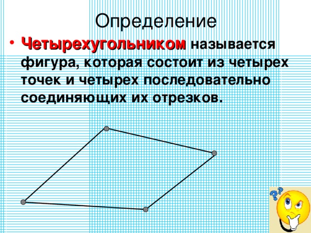 Определение Четырехугольником  называется фигура, которая состоит из четырех точек и четырех последовательно соединяющих их отрезков.  