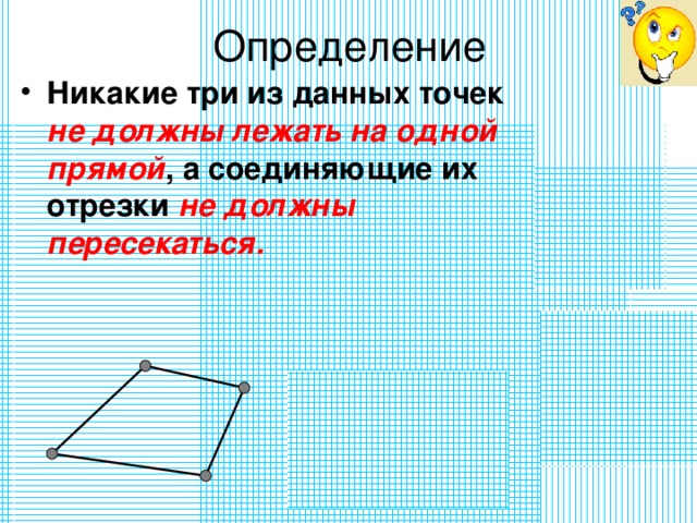 Определение Никакие три из данных точек не должны лежать на одной прямой , а соединяющие их отрезки не должны пересекаться.  