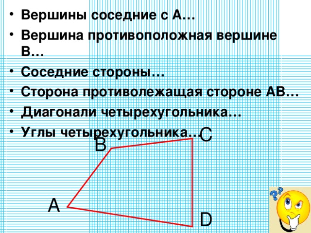 Вершины соседние с А… Вершина противоположная вершине В… Соседние стороны… Сторона противолежащая стороне АВ… Диагонали четырехугольника… Углы четырехугольника…  С В D 