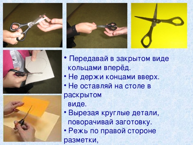  Передавай в закрытом виде  кольцами вперёд.  Не держи концами вверх.  Не оставляй на столе в раскрытом  виде.  Вырезая круглые детали,  поворачивай заготовку.  Режь по правой стороне разметки,  перемещая ножницы вперёд. 
