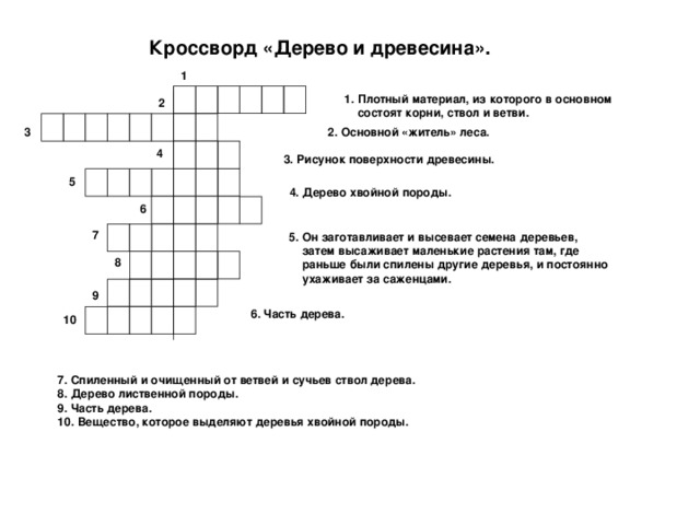 Кроссворд «Дерево и древесина». 1       1. Плотный материал, из которого в основном  состоят корни, ствол и ветви. 2         3 2. Основной «житель» леса.    4 3. Рисунок поверхности древесины.        5 4. Дерево хвойной породы.      6   7    5. Он заготавливает и высевает семена деревьев,  затем высаживает маленькие растения там, где  раньше были спилены другие деревья, и постоянно  ухаживает за саженцами.    8        9 6. Часть дерева.      10 7. Спиленный и очищенный от ветвей и сучьев ствол дерева. 8. Дерево лиственной породы. 9. Часть дерева. 10. Вещество, которое выделяют деревья хвойной породы. 