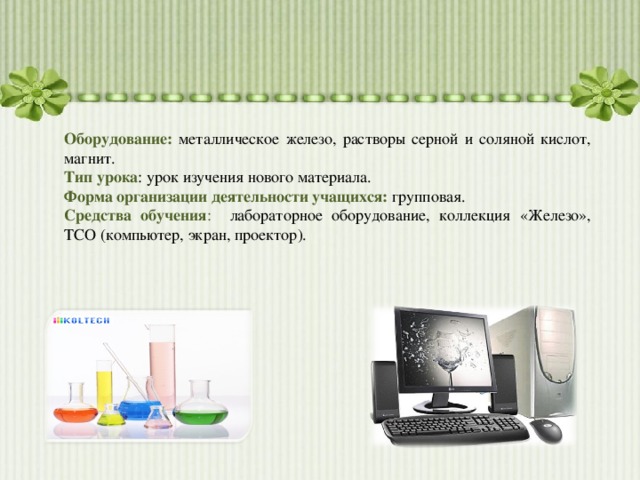 Оборудование:  металлическое железо, растворы серной и соляной кислот, магнит. Тип урока : урок изучения нового материала. Форма организации деятельности учащихся:  групповая. Средства обучения : лабораторное оборудование, коллекция «Железо», ТСО (компьютер, экран, проектор). 