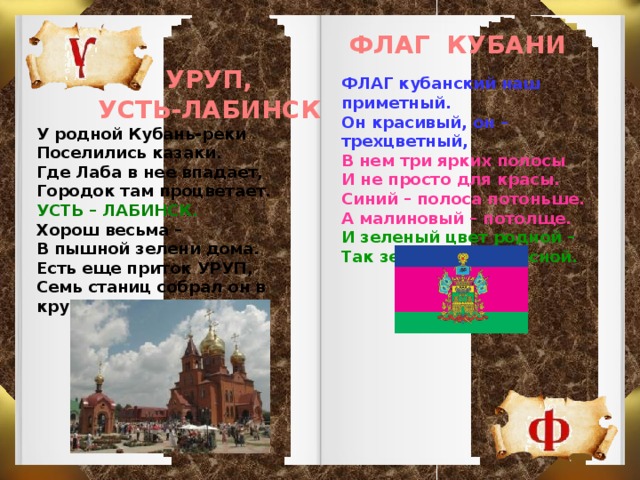 ФЛАГ КУБАНИ УРУП, УСТЬ-ЛАБИНСК ФЛАГ кубанский наш приметный. Он красивый, он – трехцветный, В нем три ярких полосы И не просто для красы. Синий – полоса потоньше. А малиновый – потолще. И зеленый цвет родной – Так земля цветет весной. У родной Кубань-реки Поселились казаки. Где Лаба в нее впадает, Городок там процветает. УСТЬ – ЛАБИНСК. Хорош весьма – В пышной зелени дома. Есть еще приток УРУП, Семь станиц собрал он в круг.  