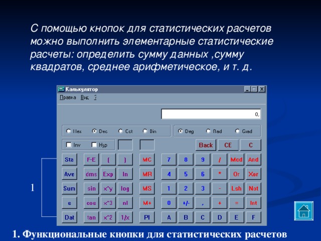 С помощью кнопок для статистических расчетов можно выполнить элементарные статистические расчеты: определить сумму данных ,сумму квадратов, среднее арифметическое, и т. д. 1 1. Функциональные кнопки для статистических расчетов 