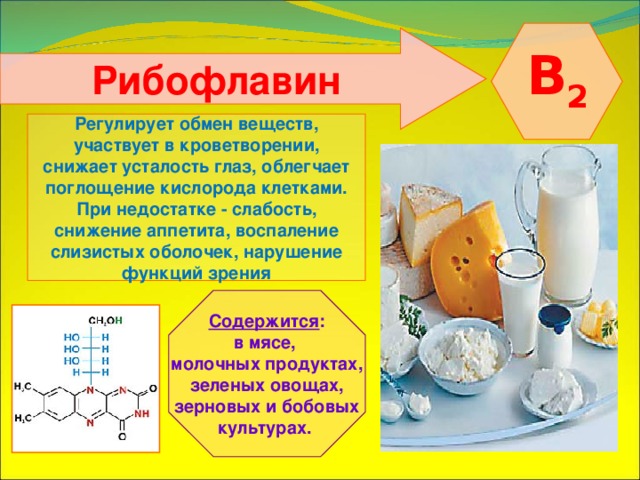  B 2  Рибофлавин  Регулирует обмен веществ, участвует в кроветворении, снижает усталость глаз, облегчает поглощение кислорода клетками. При недостатке - слабость, снижение аппетита, воспаление слизистых оболочек, нарушение функций зрения Содержится : в мясе, молочных продуктах, зеленых овощах, зерновых и бобовых культурах. 