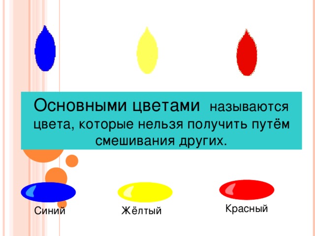 Основными цветами  называются цвета, которые нельзя получить путём смешивания других. Красный Синий Жёлтый 