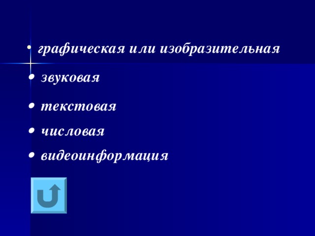графическая или изобразительная    звуковая   текстовая    числовая    видеоинформация 