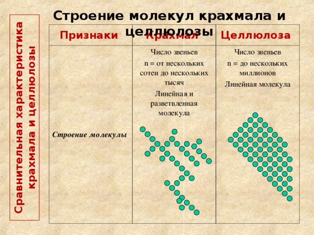  Сравнительная характеристика крахмала и целлюлозы   Строение молекул крахмала и целлюлозы Признаки Крахмал Строение молекулы Целлюлоза Число звеньев n = от нескольких сотен до нескольких тысяч Линейная и разветвленная молекула  Число звеньев n = до нескольких миллионов Линейная молекула  