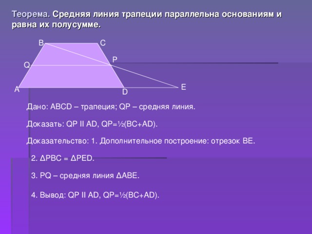Теорема. Средняя линия трапеции параллельна основаниям и равна их полусумме. С В P Q Е А D Дано: АВС D – трапеция; QP – средняя линия. Доказать: QP  II AD, QP= ½(BC+AD). Доказательство: 1. Дополнительное построение: отрезок ВЕ. 2. ∆ PBC = ∆ PED. 3. PQ – средняя линия ∆А B Е.  4. Вывод: QP  II AD, QP=½(BC+AD). 