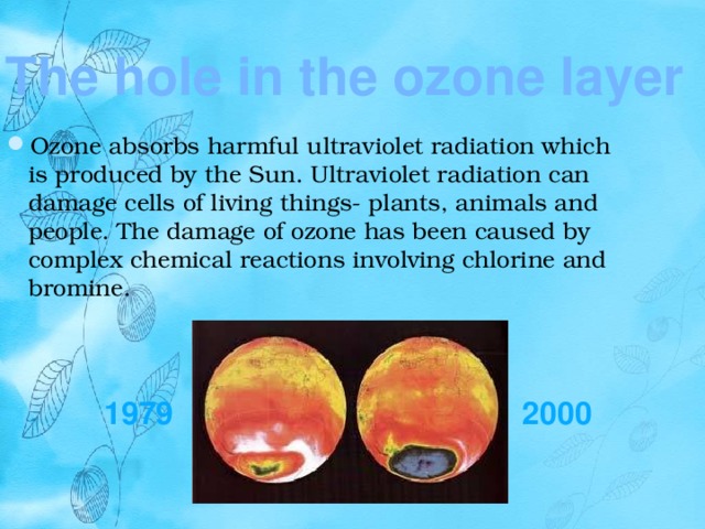 The hole in the ozone layer Ozone absorbs harmful ultraviolet radiation which is produced by the Sun. Ultraviolet radiation can damage cells of living things- plants, animals and people. The damage of ozone has been caused by complex chemical reactions involving chlorine and bromine. 1979 2000 