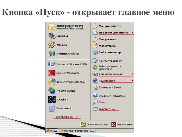 Кнопка «Пуск» - открывает главное меню 