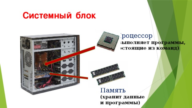 Системный  блок Процессор (выполняет программы, состоящие из команд) Память (хранит данные и программы) 