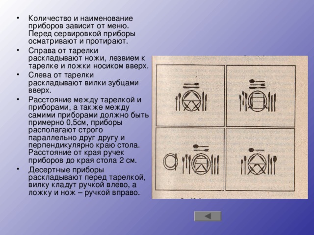 Количество и наименование приборов зависит от меню. Перед сервировкой приборы осматривают и протирают. Справа от тарелки раскладывают ножи, лезвием к тарелке и ложки носиком вверх. Слева от тарелки раскладывают вилки зубцами вверх. Расстояние между тарелкой и приборами, а также между самими приборами должно быть примерно 0,5см, приборы располагают строго параллельно друг другу и перпендикулярно краю стола. Расстояние от края ручек приборов до края стола 2 см. Десертные приборы раскладывают перед тарелкой, вилку кладут ручкой влево, а ложку и нож – ручкой вправо. 