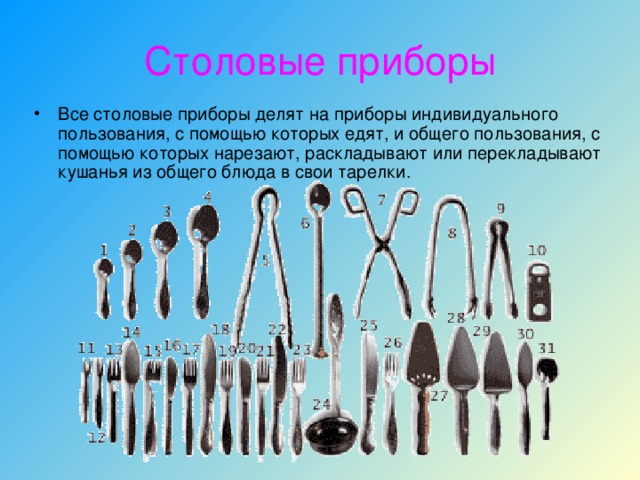 Столовые приборы Все столовые приборы делят на приборы индивидуального пользования, с помощью которых едят, и общего пользования, с помощью которых нарезают, раскладывают или перекладывают кушанья из общего блюда в свои тарелки. 