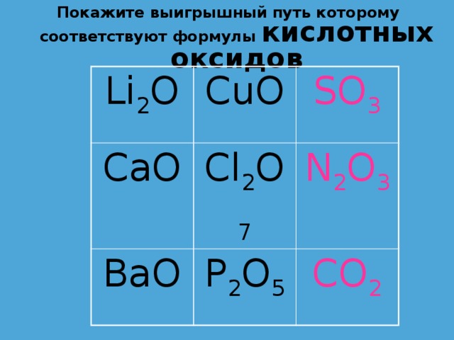 Покажите выигрышный путь которому соответствуют формулы кислотных оксидов Li 2 O CuO CaO SO 3 Cl 2 O 7 BaO N 2 O 3 P 2 O 5 CO 2 
