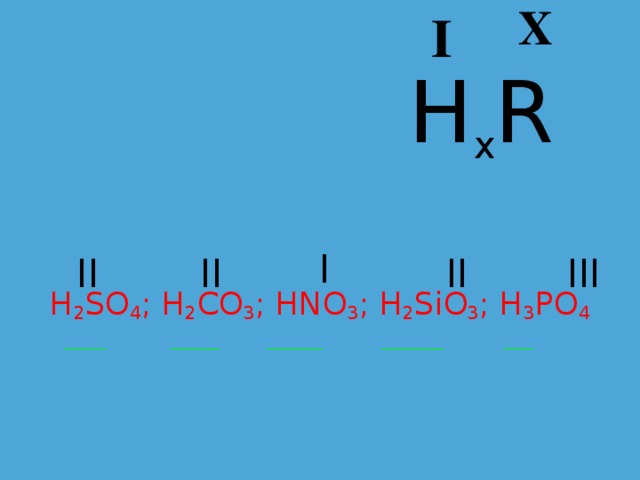 X I H x R I  II III II II H 2 SO 4 ; H 2 CO 3 ; HNO 3 ; H 2 SiO 3 ; H 3 PO 4   _______ ________ _________ __________ _____ 