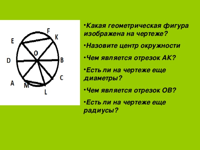 Какая геометрическая фигура изображена на чертеже? Назовите центр окружности Чем является отрезок АК? Есть ли на чертеже еще диаметры? Чем является отрезок ОВ? Есть ли на чертеже еще радиусы? 