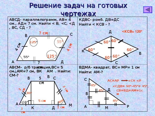 2 см 2 см  4 см 4 см 60  Решение задач на готовых чертежах АВСД- параллелограмм, АВ= 4 см., АД= 7 см. Найти  В,  С,  Д , ВС, СД - ? КДВС- ромб. ДВ=ДС Найти  КСВ - ? АВСМ- р/б трапеция,ВС= 5 см.,АМ=7 см, ВК АМ . Найти: СМ-? ВДМА- квадрат, ВС= МР= 1 см Найти: АМ-? Д  КСВ= 120  7 см С В 125 ° 60 °  60 ° 55 °   60 °  60 °  К В 125 ° 60 °  60 ° 55 °  Д А С 7 см В В 5 см  С С АС=АР  С=  Р 45 °  СДВ= 90  -45  = 45  , Д СВ=ВД=АМ=1см  45 ° В 30 °  45 ° 5 см 60 ° А М Р А Д 1 см М К 1 см 