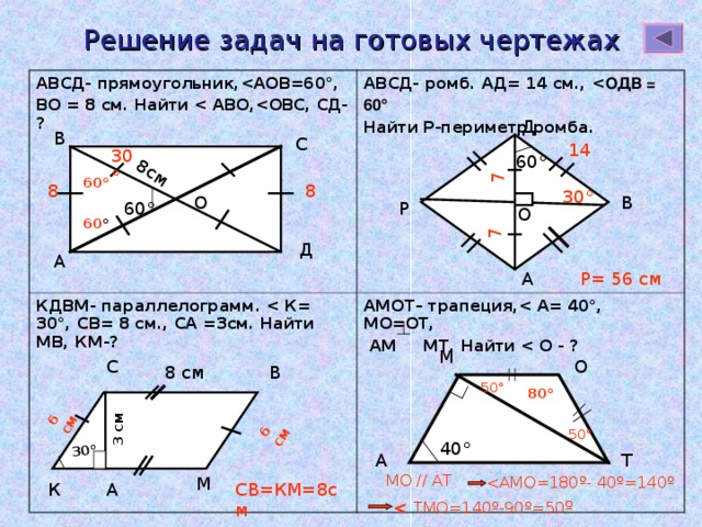6 см 30 °  3 см 7 7 6 см 8см Решение задач на готовых чертежах АВСД- прямоугольник,  АОВ=60 ° , ВО = 8 см. Найти  АВО,  ОВ С, СД- ? АВСД- ромб. АД= 14 см.,  ОДВ = 60  Найти Р-периметр ромба. КДВМ- параллелограмм.  К= 30 ° , СВ= 8 см., СА =3см. Найти МВ, КМ-? АМОТ– трапеция,  А= 40 ° , МО=ОТ,  АМ МТ. Найти  О - ? Д В С 14 30 ° 60 ° 60 °  8 8 30 ° О В 60 ° Р О 60 °  Д А Р= 56 см А М О С В 8 см 50 ° 80 °  50 ° 40 ° А Т МО // АТ М СВ=КМ=8см К А 