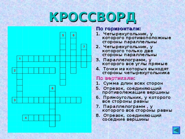 КРОССВОРД По горизонтали: 1. Четырехугольник, у которого противоположные стороны параллельны 2. Четырехугольник, у которого только две стороны параллельны 3. Параллелограмм, у которого все углы прямые 4. Точки из которых выходят стороны четырехугольника По вертикали: 1. Сумма длин всех сторон 5. Отрезок, соединяющий противолежащие вершины 6. Прямоугольник, у которого все стороны равны 7. Параллелограмм , у которого все стороны равны 8. Отрезок, соединяющий соседние вершины                                                             1           2                                                                               5                                         3             6                                                                                                             7                       8             4                                                                                                                                                                                                                           