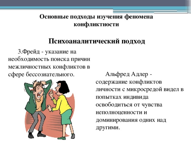 Основные подходы изучения феномена конфликтности Психоаналитический подход 3.Фрейд - указание на необходимость поиска причин межличностных конфликтов в сфере бессознательного. Альфред Адлер - содержание конфликтов личности с микросредой видел в попытках индивида освободиться от чувства неполноценности и доминирования одних над другими. 