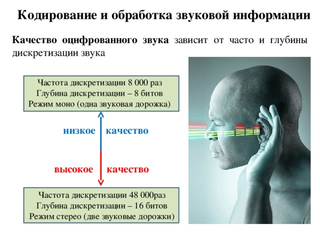 Кодирование и обработка звуковой информации Качество оцифрованного звука зависит от часто и глубины дискретизации звука Частота дискретизации 8 000 раз Глубина дискретизации – 8 битов Режим моно (одна звуковая дорожка) низкое качество высокое качество Частота дискретизации 48 000раз Глубина дискретизации – 16 битов Режим стерео (две звуковые дорожки) 
