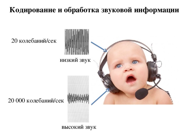 Кодирование и обработка звуковой информации 20 колебаний/сек низкий звук 20 000 колебаний/сек высокий звук 