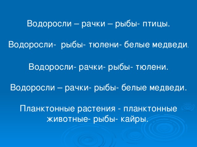 Водоросли – рачки – рыбы- птицы. Водоросли- рыбы- тюлени- белые медведи . Водоросли- рачки- рыбы- тюлени. Водоросли – рачки- рыбы- белые медведи. Планктонные растения - планктонные животные- рыбы- кайры. 
